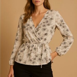 Brina & Em Floral Wrap Blouse - Cream Size Large